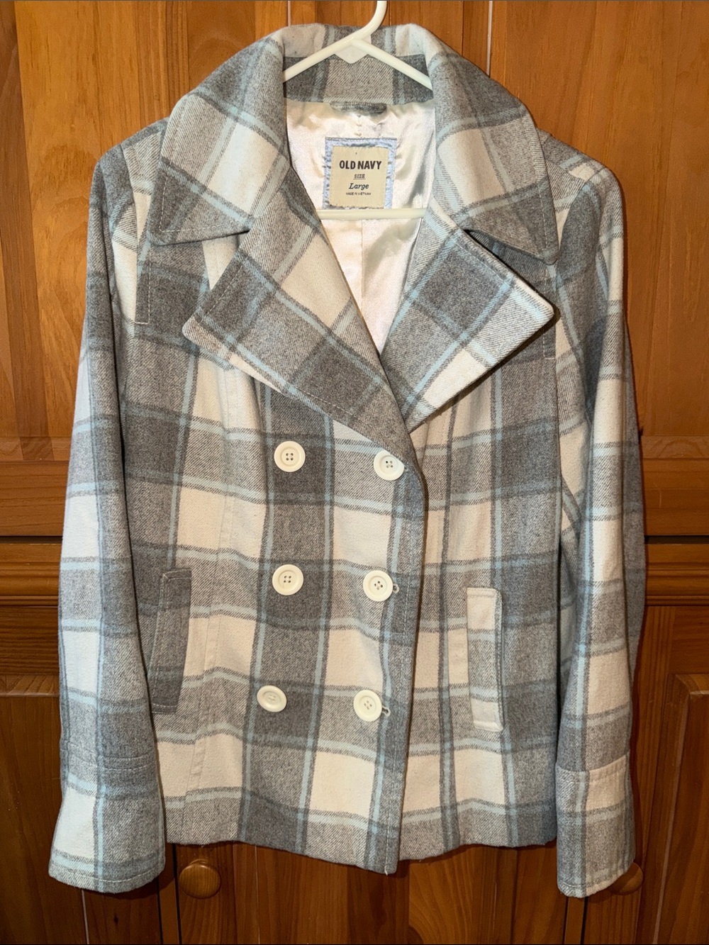 Old Navy Cream and Gray Plaid Double-Breasted Peacoat